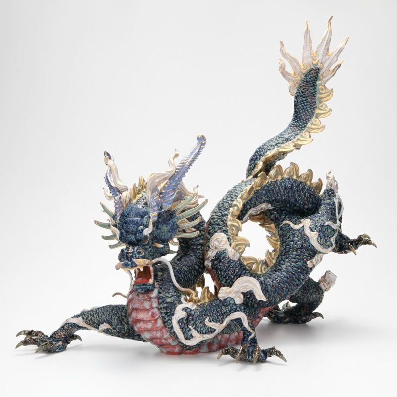 リヤドロ 臥龍（Blue＆Gold） HIGH PORCELAIN 01934 台座付