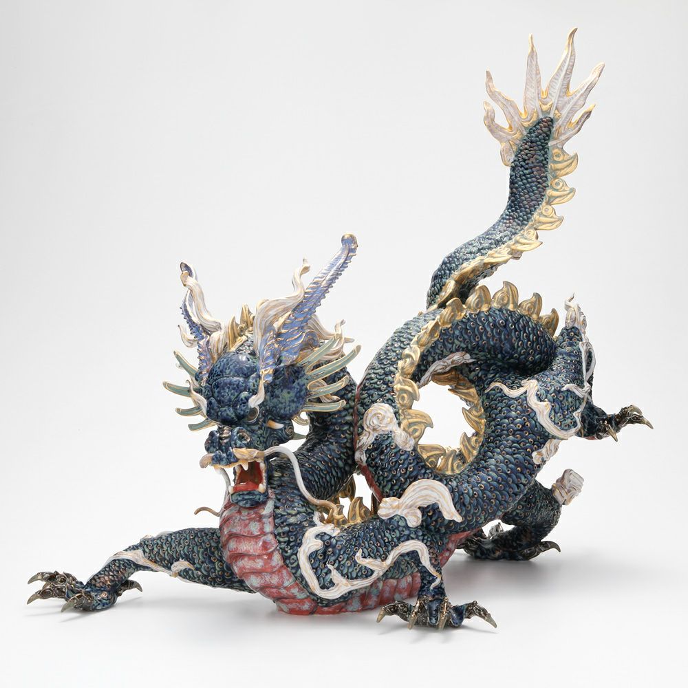 リヤドロ 臥龍（Blue＆Gold） HIGH PORCELAIN 01934 台座付