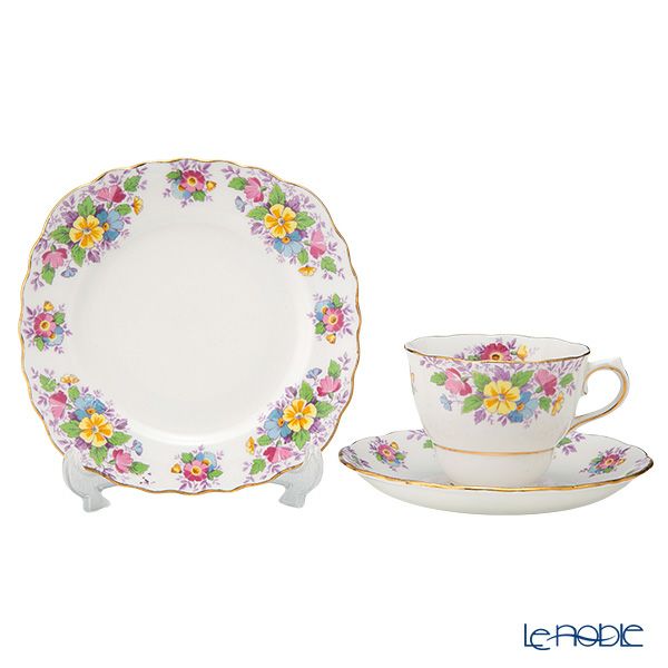 【1点限り】英国ヴィンテージ コルクラフ イエローフラワーブーケ 金彩 トリオセット