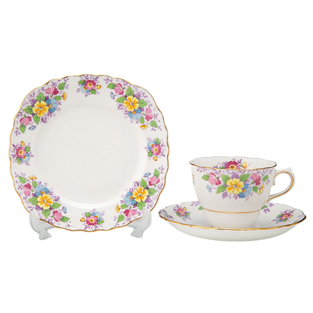 【1点限り】英国ヴィンテージ コルクラフ イエローフラワーブーケ 金彩 トリオセット