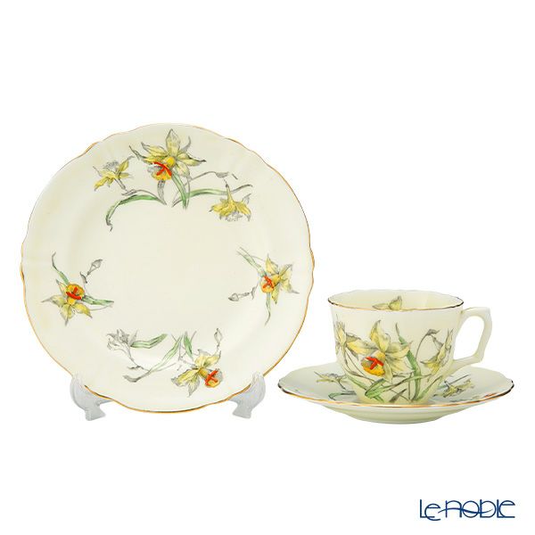 【1点限り】英国ヴィンテージ クラウンスタッフォードシャー 手描き花柄 ラッパ水仙 金彩 トリオセット