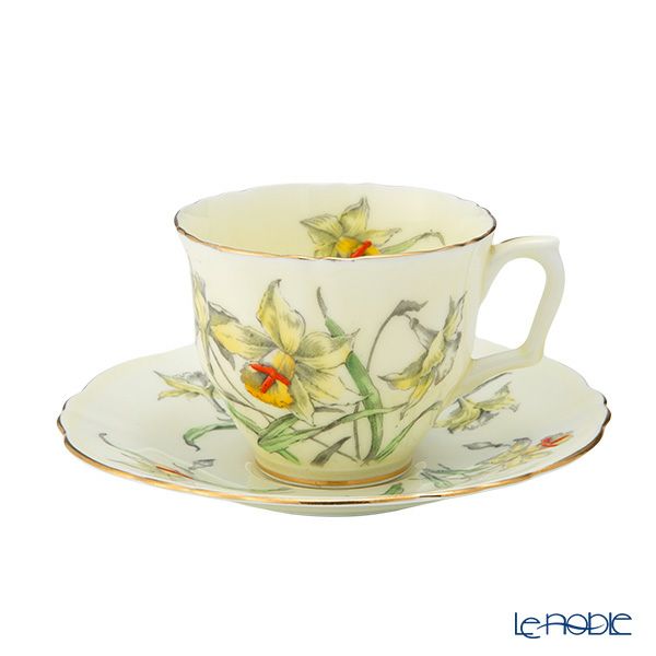 【1点限り】英国ヴィンテージ クラウンスタッフォードシャー 手描き花柄 ラッパ水仙 金彩 トリオセット