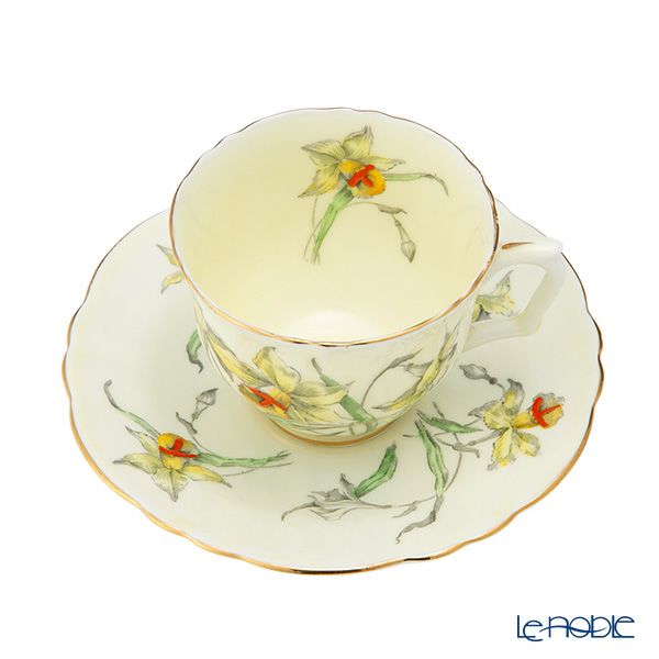 【1点限り】英国ヴィンテージ クラウンスタッフォードシャー 手描き花柄 ラッパ水仙 金彩 トリオセット