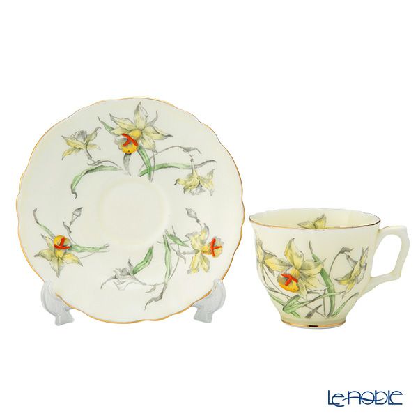 【1点限り】英国ヴィンテージ クラウンスタッフォードシャー 手描き花柄 ラッパ水仙 金彩 トリオセット