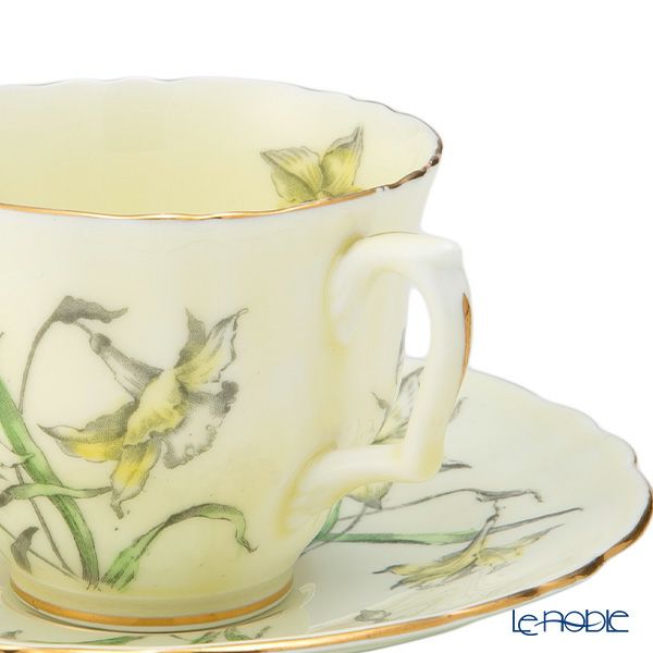 【1点限り】英国ヴィンテージ クラウンスタッフォードシャー 手描き花柄 ラッパ水仙 金彩 トリオセット