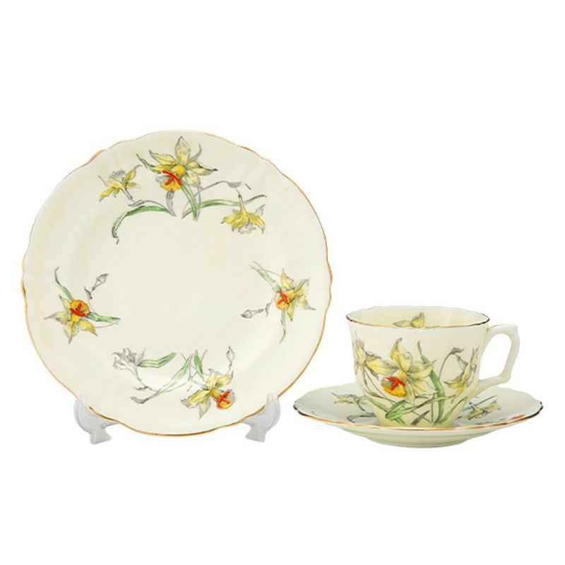 【1点限り】英国ヴィンテージ クラウンスタッフォードシャー 手描き花柄 ラッパ水仙 金彩 トリオセット