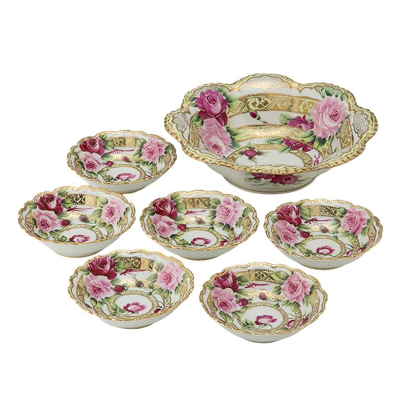 【1点限り】オールドノリタケ 金点盛り 薔薇文 ボウルセット 花型 7pcs