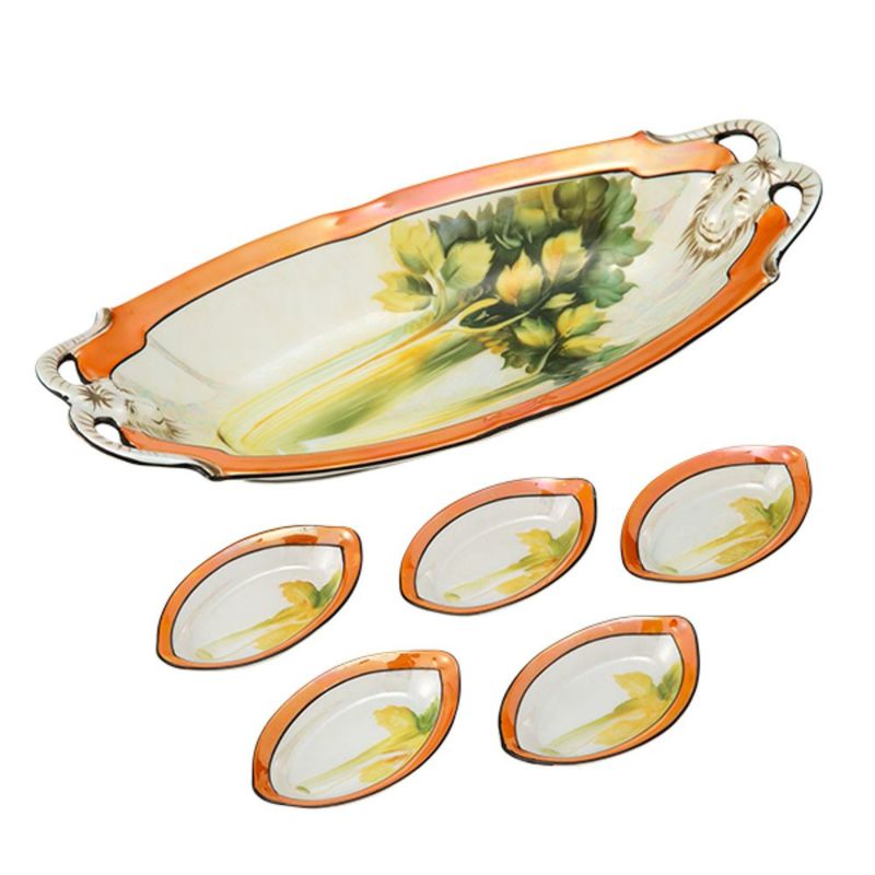 【1点限り】オールドノリタケ 黒枠ラスター彩 セロリー文山羊両手付 セロリーセット 6pcs