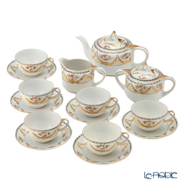 【1点限り】オールドノリタケ 金彩黒花模様帯 小薔薇文 ティーセット 6客揃え 17pcs