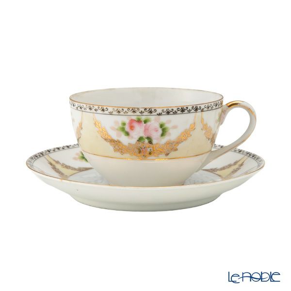 【1点限り】オールドノリタケ 金彩黒花模様帯 小薔薇文 ティーセット 6客揃え 17pcs