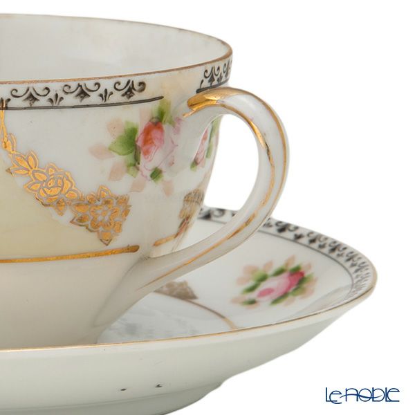 【1点限り】オールドノリタケ 金彩黒花模様帯 小薔薇文 ティーセット 6客揃え 17pcs