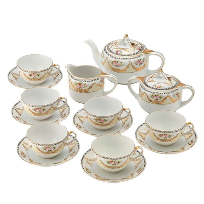 【1点限り】オールドノリタケ 金彩黒花模様帯 小薔薇文 ティーセット 6客揃え 17pcs