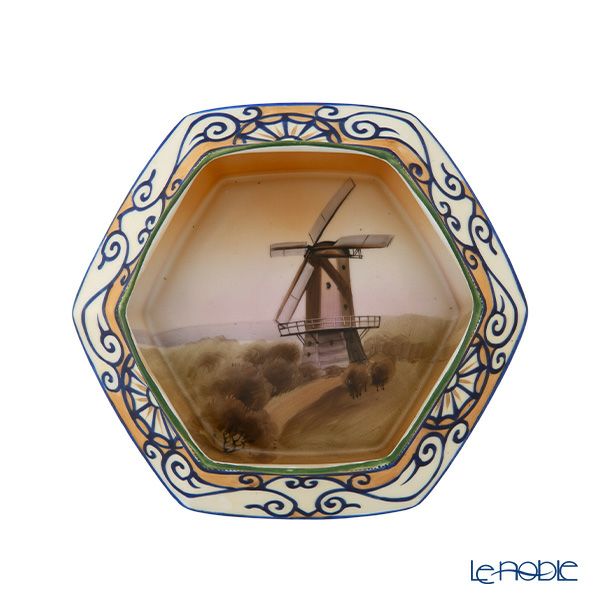 【1点限り】オールドノリタケ 点盛コバルト波模様帯 風車文 ボウル 六角型