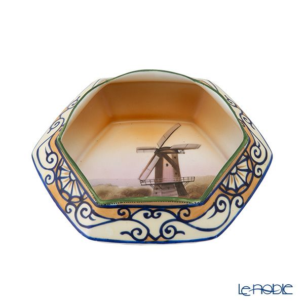 【1点限り】オールドノリタケ 点盛コバルト波模様帯 風車文 ボウル 六角型