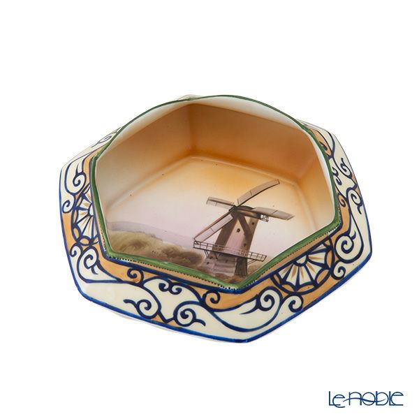 【1点限り】オールドノリタケ 点盛コバルト波模様帯 風車文 ボウル 六角型