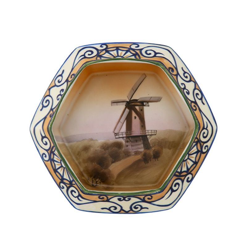 【1点限り】オールドノリタケ 点盛コバルト波模様帯 風車文 ボウル 六角型