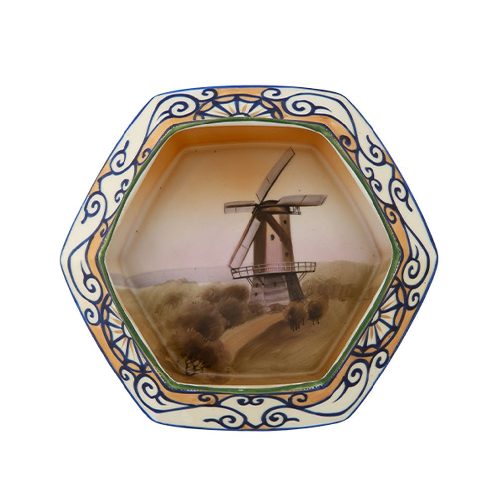 【1点限り】オールドノリタケ 点盛コバルト波模様帯 風車文 ボウル 六角型