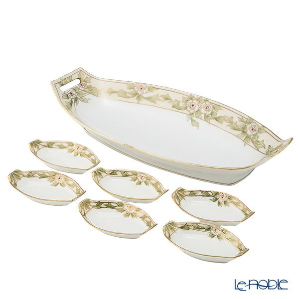 【1点限り】オールドノリタケ 金盛 白花葉模様 セロリーセット 7pcs