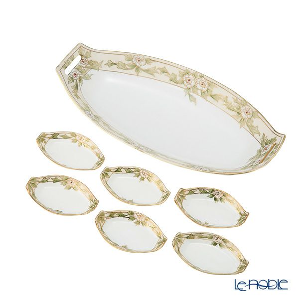 【1点限り】オールドノリタケ 金盛 白花葉模様 セロリーセット 7pcs