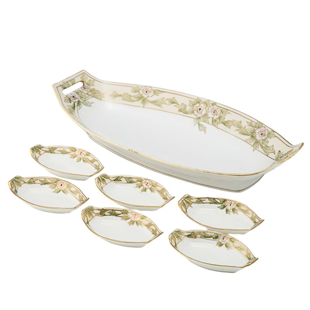 【1点限り】オールドノリタケ 金盛 白花葉模様 セロリーセット 7pcs