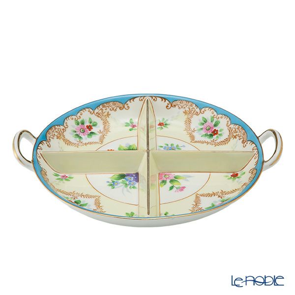 【1点限り】オールドノリタケ 金彩水色帯 花模様 ボウル 両手付 4つ取分け