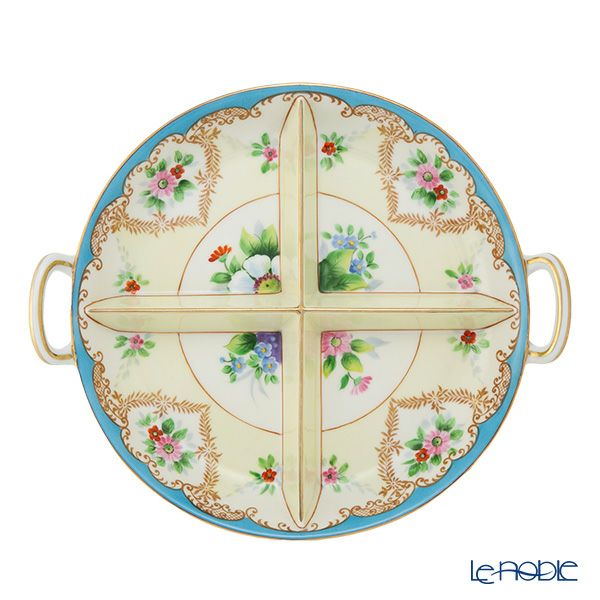 【1点限り】オールドノリタケ 金彩水色帯 花模様 ボウル 両手付 4つ取分け