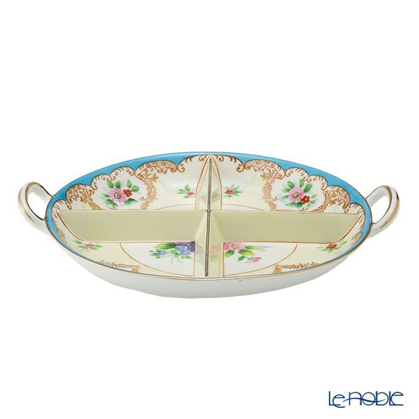 【1点限り】オールドノリタケ 金彩水色帯 花模様 ボウル 両手付 4つ取分け