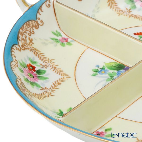 【1点限り】オールドノリタケ 金彩水色帯 花模様 ボウル 両手付 4つ取分け