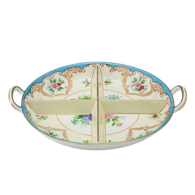 【1点限り】オールドノリタケ 金彩水色帯 花模様 ボウル 両手付 4つ取分け