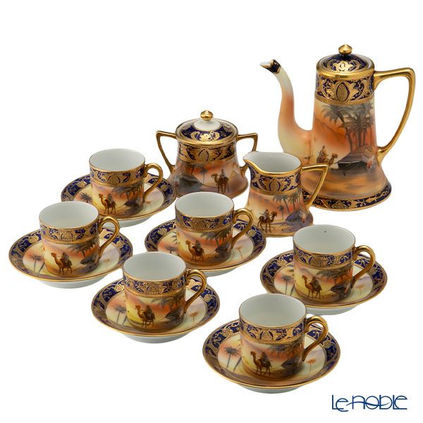 【1点限り】オールドノリタケ 金盛コバルト マンオンキャメル文 デミタスセット 6客揃え 17pcs