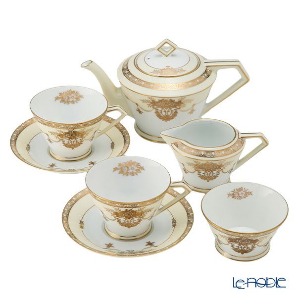 【1点限り】オールドノリタケ 金彩盛り 転写花模様 ティーセット ペア 8pcs