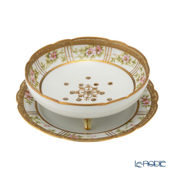 【1点限り】オールドノリタケ 金点盛り 花文帯 サラダボウル＆受け皿 3つ足付 花型