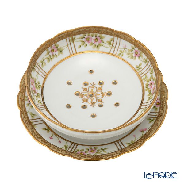 【1点限り】オールドノリタケ 金点盛り 花文帯 サラダボウル＆受け皿 3つ足付 花型