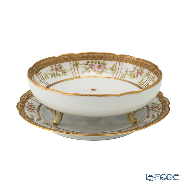 【1点限り】オールドノリタケ 金点盛り 花文帯 サラダボウル＆受け皿 3つ足付 花型