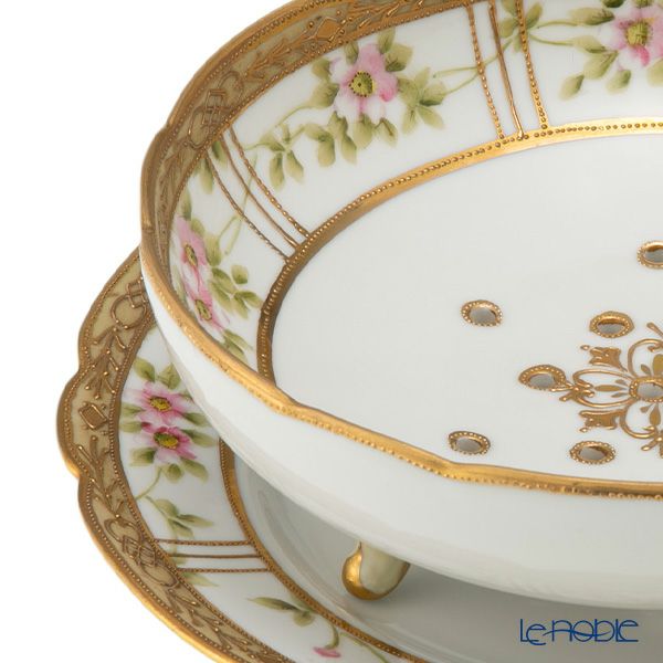 【1点限り】オールドノリタケ 金点盛り 花文帯 サラダボウル＆受け皿 3つ足付 花型