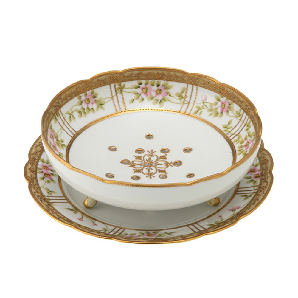 【1点限り】オールドノリタケ 金点盛り 花文帯 サラダボウル＆受け皿 3つ足付 花型