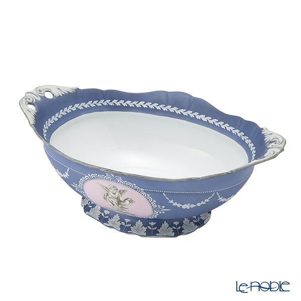 【1点限り】オールドノリタケ ウェッジウッド風泥しょう盛上窓絵天使文 オーバルボウル 両手付