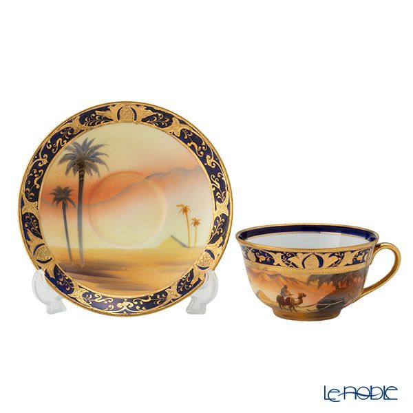 【1点限り】オールドノリタケ 金盛コバルト内帯 マンオンキャメル文 カップ＆ソーサー