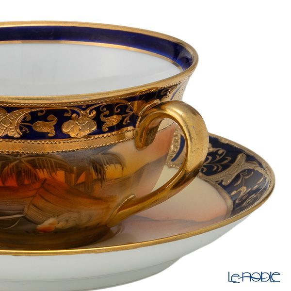 【1点限り】オールドノリタケ 金盛コバルト内帯 マンオンキャメル文 カップ＆ソーサー