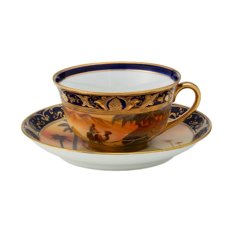 【1点限り】オールドノリタケ 金盛コバルト内帯 マンオンキャメル文 カップ＆ソーサー