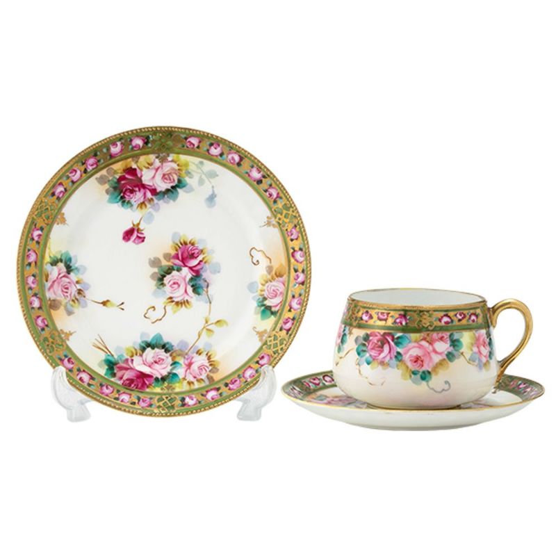 【1点限り】オールドノリタケ 金点盛り 小薔薇帯 薔薇文 トリオセット ティー