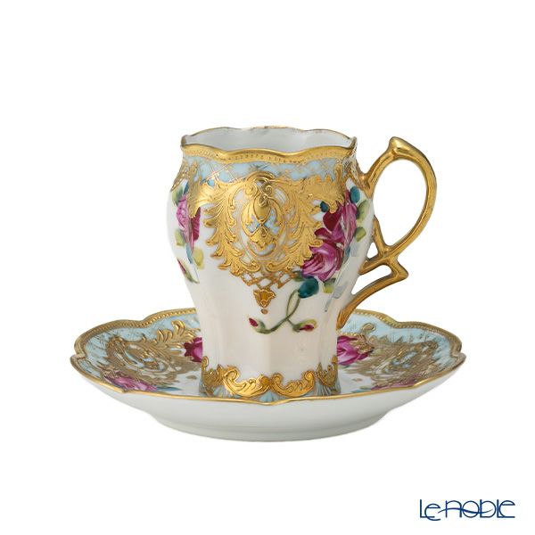 【1点限り】オールドノリタケ 金点盛り 水色帯 薔薇文 チョコレートカップ＆ソーサー