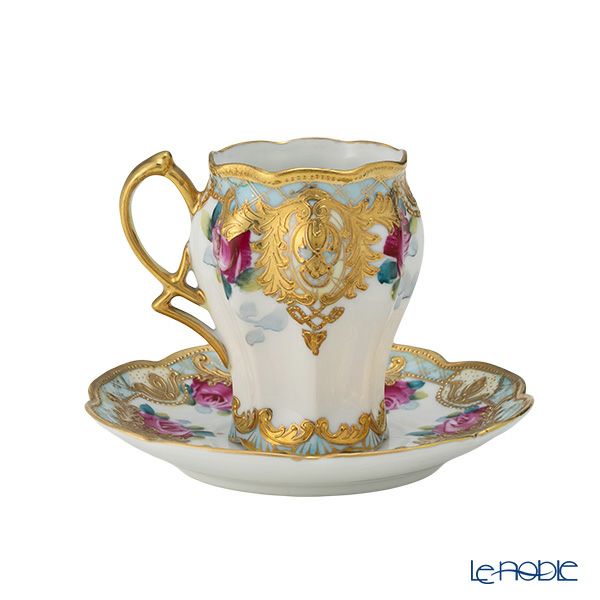【1点限り】オールドノリタケ 金点盛り 水色帯 薔薇文 チョコレートカップ＆ソーサー