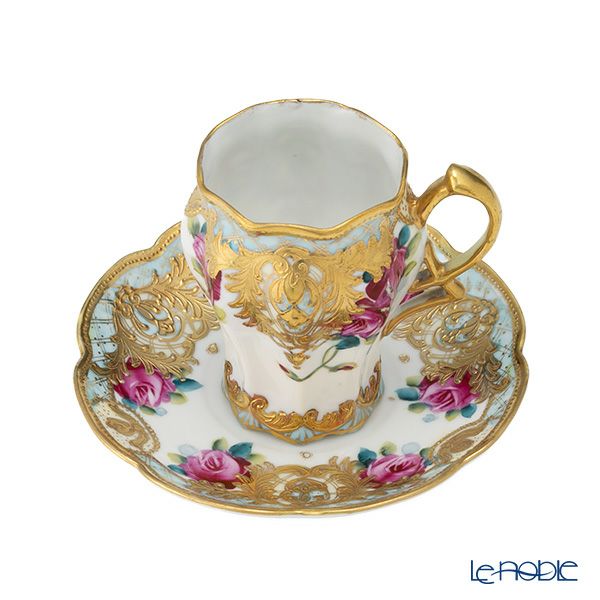 【1点限り】オールドノリタケ 金点盛り 水色帯 薔薇文 チョコレートカップ＆ソーサー