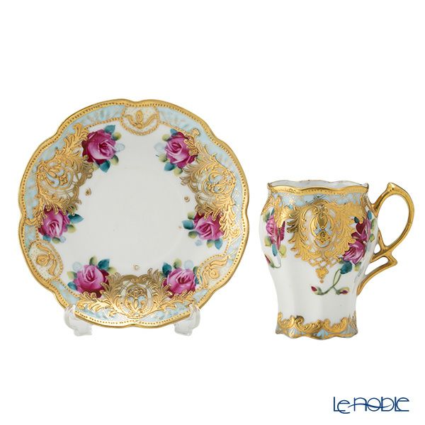 【1点限り】オールドノリタケ 金点盛り 水色帯 薔薇文 チョコレートカップ＆ソーサー
