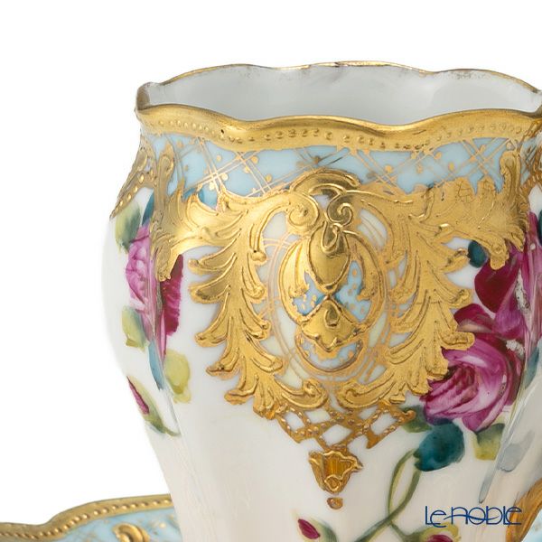 【1点限り】オールドノリタケ 金点盛り 水色帯 薔薇文 チョコレートカップ＆ソーサー