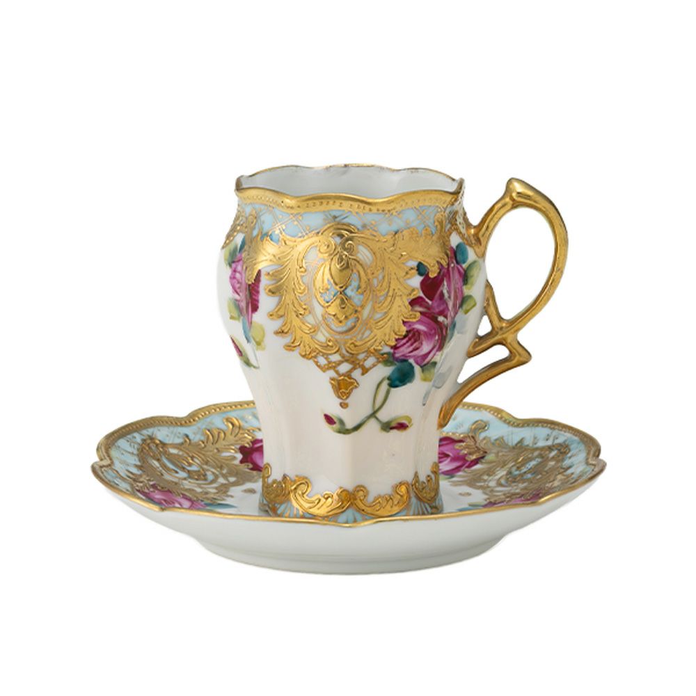 【1点限り】オールドノリタケ 金点盛り 水色帯 薔薇文 チョコレートカップ＆ソーサー