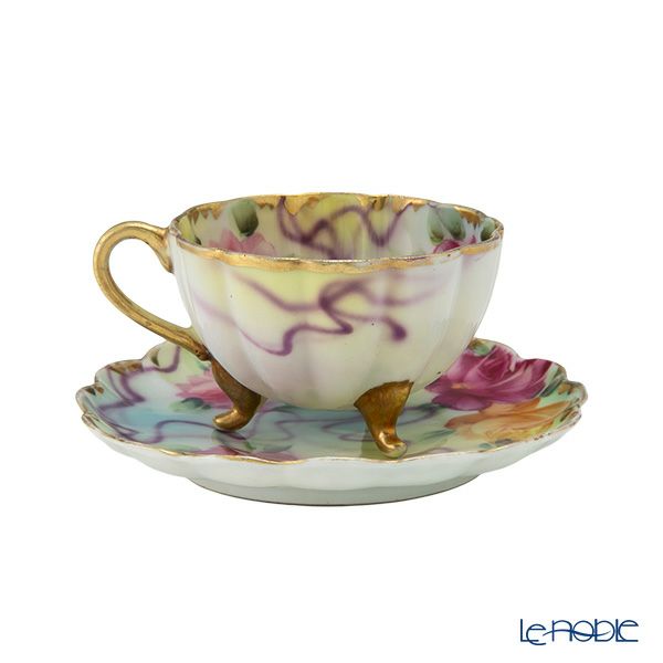 【1点限り】オールドノリタケ 金彩シンクインぼかし 薔薇文花型 カップ＆ソーサー 3っ足付