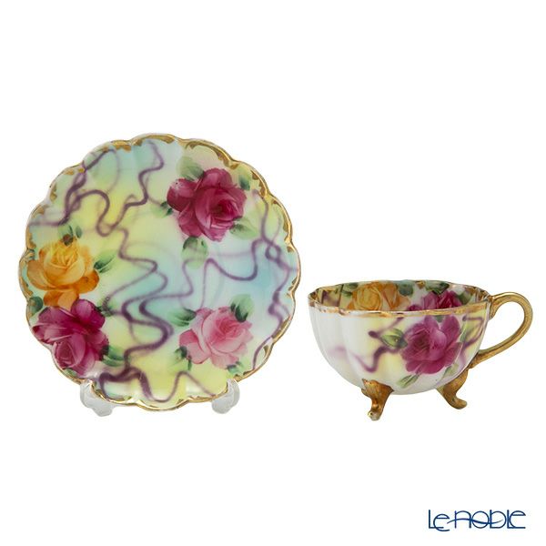 【1点限り】オールドノリタケ 金彩シンクインぼかし 薔薇文花型 カップ＆ソーサー 3っ足付