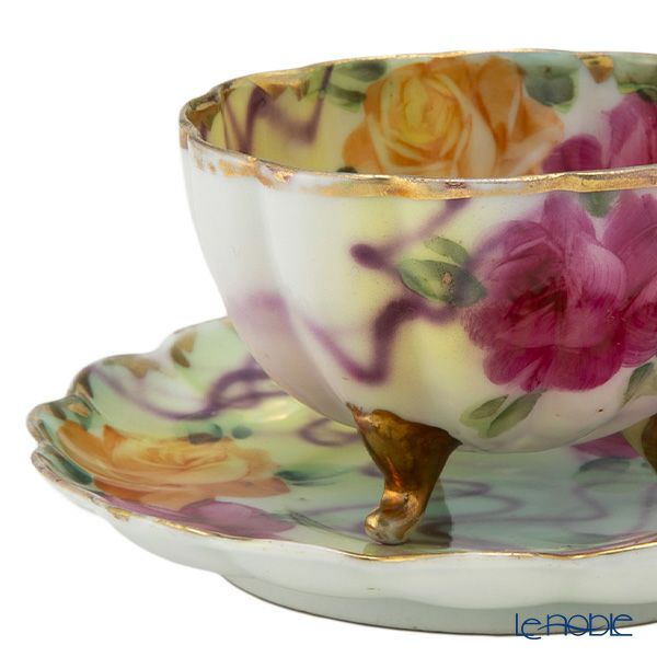 【1点限り】オールドノリタケ 金彩シンクインぼかし 薔薇文花型 カップ＆ソーサー 3っ足付